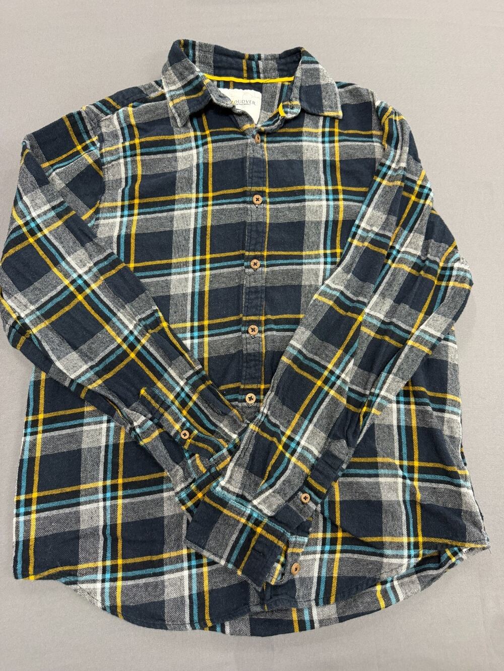 Cloudveil Mountain Works Men's Medium Blue Yellow Plaid Flannel Shirt Cotton Out